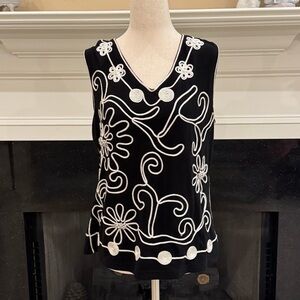 Lauren Michelle Black & White Beaded Floral Sleeveless Top | Size XL